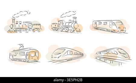 Historical trains in minimalist line art design in pastel hues collection,vector image isolated background Stock Vector