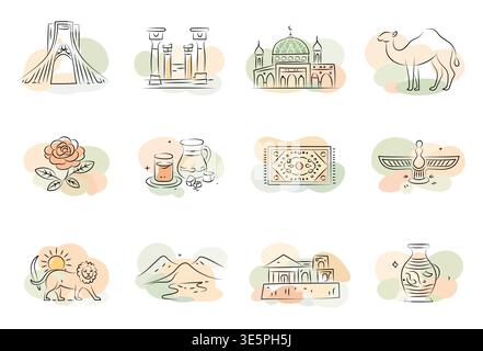 Iranian culture and heritage minimalistic line art in pastel hues collection,hand drawing isolated background Stock Vector
