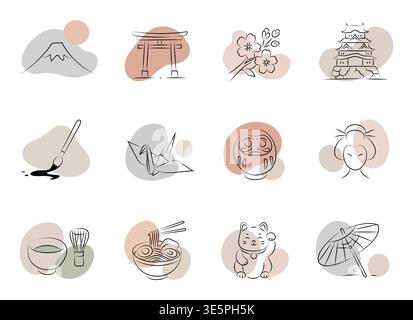 Japan in minimalist line art in pastel hues collection,hand drawing isolated background Stock Vector