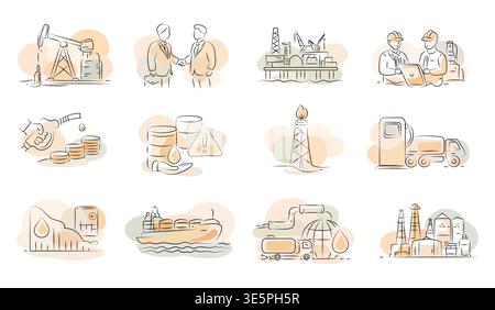 Oil industry minimalist line art in pastel hues collection,hand drawing isolated background Stock Vector