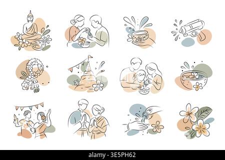 Minimal Songkran festival line art icons set,vector hand drawing illustration image isolated white background Stock Vector