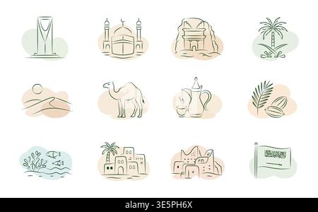 Saudi Arabia culture and heritage minimalistic line art in pastel hues collection,hand drawing isolated background Stock Vector