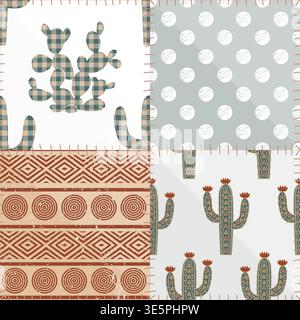 Seamless patchwork gingham pattern with kawaii cacti, hearts, tribal ornament, and stylized sews. Vector illustration. Stock Vector