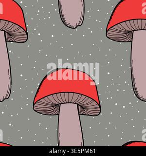 Seamless pattern with mushrooms. Hand drawn vector illustration. Vegan food menu. Poisonous and edible mushroom. Autumn mushroom picking, forest plant Stock Vector
