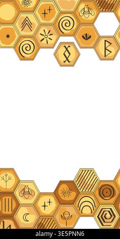 Honeycomb border fame seamless pattern. Bee honey combs border decorated doodle ancient and tribal symbols background. Organic and wild honey concept Stock Vector