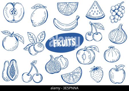 Hand-drawn illustration of various fruits including apples, lemons, bananas, watermelon, grapes, and cherries with the word "FRUITS" prominently Stock Vector