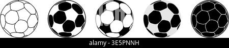 A collection of five stylized soccer ball vector icons, rendered with a unique hand-sketched or organic polygonal pattern. The bundle features various graphic variations, including a thin outline, a traditional black and white patch design, a solid dark silhouette, and a version with grey fill. These monochrome graphics are ideal for modern sports logos, artistic team emblems, UI UX for casual games, and apparel design seeking a crafted, less industrial look. The balls are isolated on a plain white background. Soccer ball set icons, football signs, line soccer sport balls vector. football or s Stock Vector