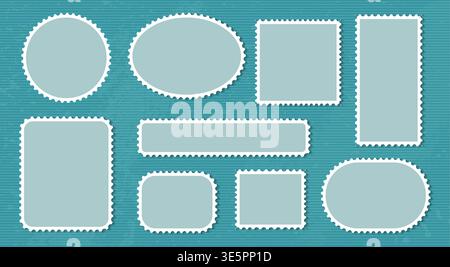 Postage stamp blank vector template collection. Mockup letter elements for postal correspondence design. Perforated edges rectangular square, circulal Stock Vector