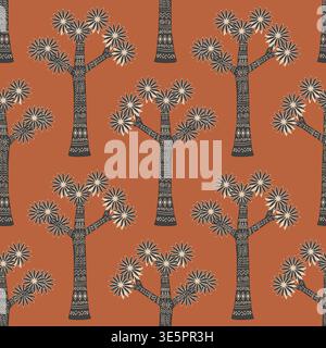 Doodle patterned Joshua tree seamless pattern. Yucca plant ornamented in tribal indigenous style, desert symbol of American southwest. Vector hand Stock Vector