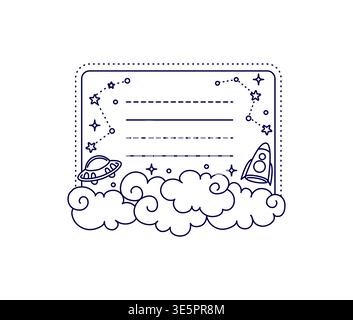 Kids memo note of galaxy space stars, alien UFO and planet rocket, cartoon vector frame. Message sticker or adhesive post with spaceship in space sky for kids memo note and daily to do list planner Stock Vector