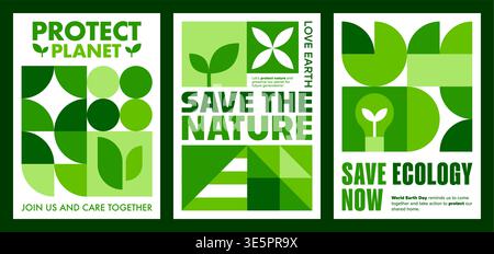 Save nature environment eco vector posters with green geometric pattern of circles, leaves, stars and triangles. Earth Day, eco product, ecological event posters. Ecology protection mosaic cards Stock Vector