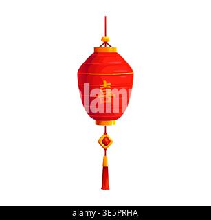 Red Asian paper lantern, Chinese or Korean and Japanese festival lamp, vector icon. Asian paper lantern with Chinese greeting hieroglyph and golden ornament of lucky knot tassel on lamp decoration Stock Vector