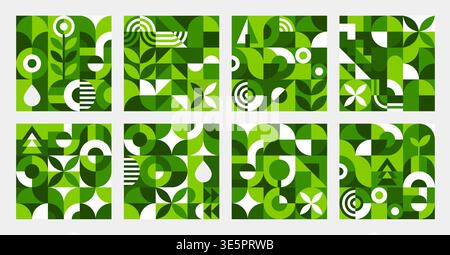 Ecology environment geometric nature pattern background. Abstract green leaf, flower and plant geometric shape patterns set for ecology, nature, biodiversity and organic agriculture themes Stock Vector