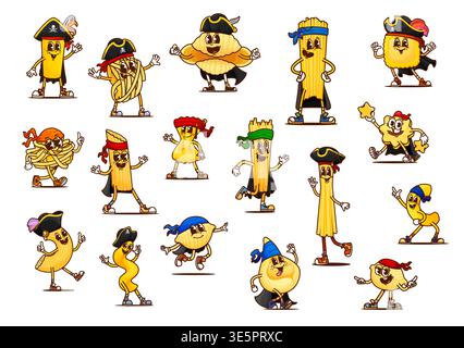Cartoon groovy Italian pasta pirate and corsair characters, vector funny faces. Groovy pasta spaghetti in captain tricorn hat, Caribbean corsair penne, tortellini sailor or gnocchi skipper in bandana Stock Vector