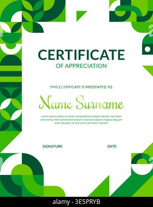 Environment business certificate template, ecology geometric Bauhaus pattern. Environment protection Bauhaus green shapes vector certificate, nature sustainability diploma. Planet save award document Stock Vector