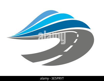 Speed highway road graphic icon or sign. Asphalt road icon, speed way abstract vector emblem. Highway pathway graphic label or freeway route symbol with asphalt road curving in blue sky clouds Stock Vector