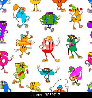 Cartoon math number groovy dancing characters vector seamless pattern background. Vector tile with cheerful digit y2k personages from zero to nine, colorful number strike dynamic poses and figures Stock Vector