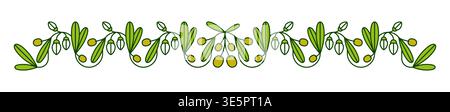 Olive divider, separator and border frame with branches, leaves and fruits. Vector horizontal greenery garland with Mediterranean olive harvest motif. Decorative natural plant isolated floral ornament Stock Vector