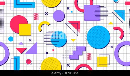 Geometric color Memphis seamless pattern with shapes of circle, square and triangles figures with lines, dots on a grid background. Colorful retro pattern with geometric symbols for creative banners Stock Vector