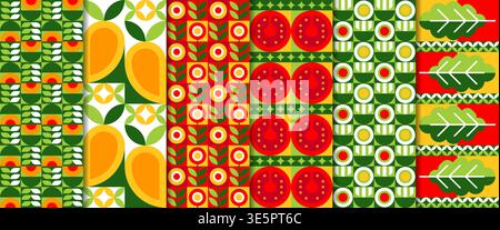 Modern geometric vegetables seamless patterns. Vector repeating tiled layout with tomato slices, leaves shapes. Decorative background with bold color blocks, abstract plant motifs, retro food ornament Stock Vector