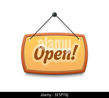 Hanging open signboard with bold lettering, wooden shop and store door plate suspended by rope and pin. Vector isolated retail notice, sign board announcement for cafe or business entrance display Stock Vector