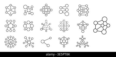 Network connect icons, business and social community, internet connection pictograms with circular nodes linked by lines. Linear vector signs of data, communication, ai, neural networks, blockchain Stock Vector