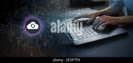 Cloud Computing and Data Synchronization Technology Illustrated on Futuristic Digital Interface. Stock Photo