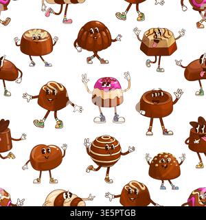 Groovy chocolate candy and sweets vector seamless pattern. Chocolate pralines, truffles, round candies, striped bonbons, nut topped sweets with cream, sprinkles, glossy glaze cartoon vector personages Stock Vector