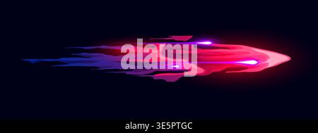 Fantasy cartoon game gun effect. Vector weapon trail with pink fire, a blue smoke trail, and glowing fiery sparks. Magical effect for enchanted weapon, fantasy gams or cosmic battle Stock Vector