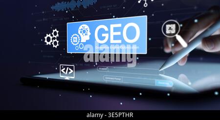 GEO AI Optimization Platform with Generative Engine Interface Search Prompt Automation Analytics and Interactive Tablet Stylus System Technology. Stock Photo
