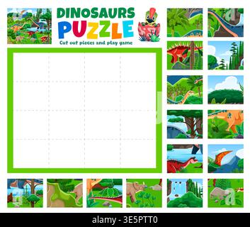 Animals jigsaw puzzle with prehistoric dinosaurs, kids logic game. Kids jigsaw puzzle vector worksheet with Shunosaurus, Apatosaurus, Carnotaurus and Kentrosaurus dinosaur animals jungle landscape Stock Vector