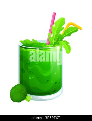 Green vegan smoothie drink filled with thick liquid and leafy herbs garnish with a piece of broccoli placed near the glass. Healthy drink for vegan diet. Cartoon vector detox smoothie drink Stock Vector