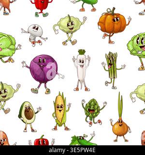 Groovy vegetable characters seamless pattern with dancing pumpkin, avocado, onion and corncob , walking cabbage, radish, jumping asparagus. Funky vegetables background for supermarket decor Stock Vector