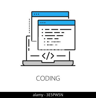 Coding icon with laptop and program code on screen. Vector software development, computer system operate and programming process outline technology sign with interface window and script elements Stock Vector