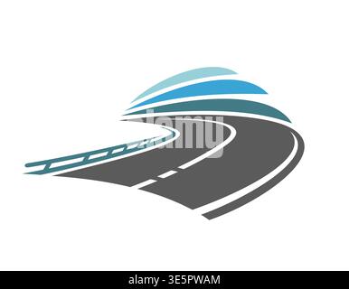 Route road vector icon, highway way symbol. Grey curved road with white dashed lane markings and a teal guardrail on the side. Transportation, car rental, logistics and travel road icon Stock Vector