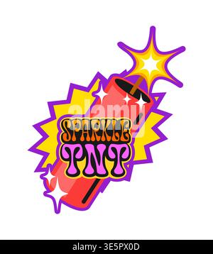 Sparkling dynamite bomb vintage Y2K sticker or label. Grenade Y2K vector patch, funny explosive isolated tag. TNT dynamite label with burning wick flame sparkle and colorful typography Stock Vector