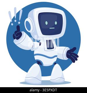 cute android character with screen for a face. The robot makes an important remark, draws attention Stock Vector