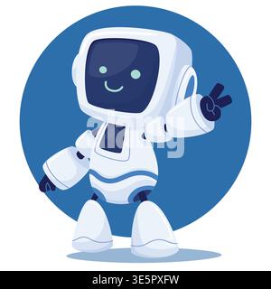 A cute, white cartoon android character with a screen for a face. The robot shows a V sign and enjoy Stock Vector