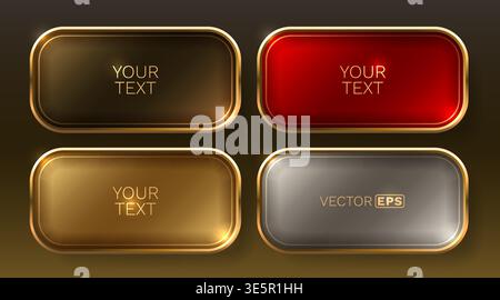 Set of elegant glossy web buttons with golden borders, perfect for premium design elements. Vector illustration Stock Vector