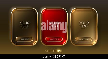 Glossy 3D buttons with golden frames in red and gold colors. Customizable elements for web design or UI. Vector illustration Stock Vector