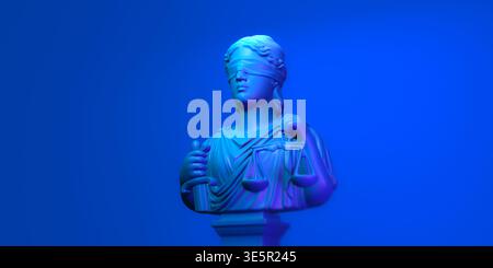 Blindfolded Lady Justice. Close up visage of a sculpture of lady justice, blindfold impartiality. Space for text, light theme background, isolated. 3D Stock Photo