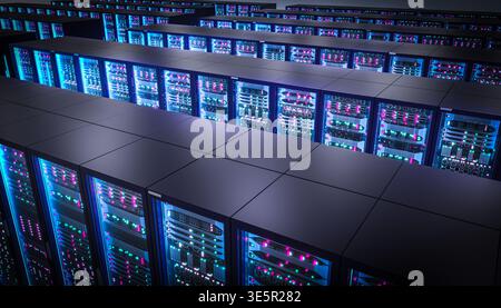 Server racks with blinking lights 3d data center Stock Photo