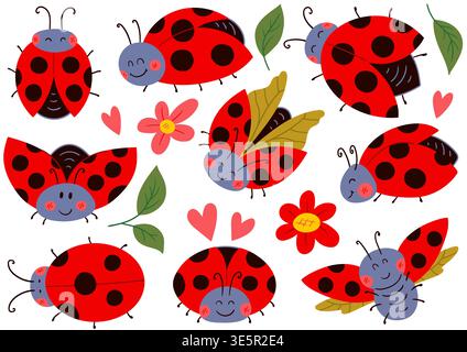 A set of cartoon ladybugs in various poses with flowers, leaves, and hearts. These bright red and black insects with smiling faces are perfect for chi Stock Vector