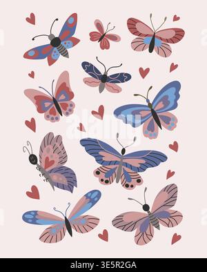 Set of cute cartoon butterflies in soft pink and blue tones with decorative wings and small hearts. Flat hand drawn style, perfect for romantic design Stock Vector