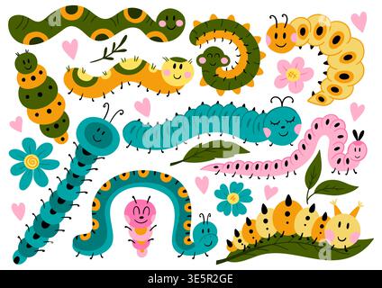 Cute cartoon caterpillars in bright colors with flowers, leaves, and hearts. Funny smiling insects create a playful, cheerful composition, perfect for Stock Vector