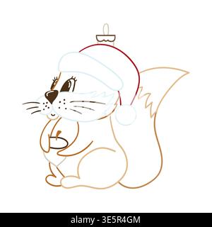 Cute squirrel Christmas ornament in Colored outline. Adorable winter character with smiling face, perfect for holiday cards, seasonal decor, kids desi Stock Vector