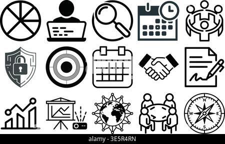 Set of diverse business and productivity icons featuring technology tools management concepts and teamwork symbols isolated on transparent background Stock Vector