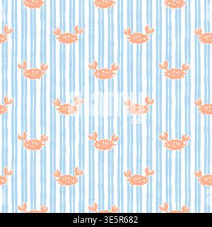 Hand drawn seamless pastel marine pattern with crab, playful ocean themed boho background with soft blue stripes and bright red crabs Stock Vector