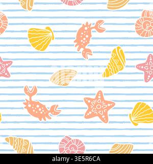 Hand drawn seamless pastel marine pattern with shells, corals, crab and stars, playful ocean themed boho background with soft blue stripes and bright Stock Vector
