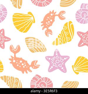 Hand drawn seamless pastel marine pattern with shells, corals, crab and stars, playful ocean themed boho background with soft blue, pink, yellow and Stock Vector